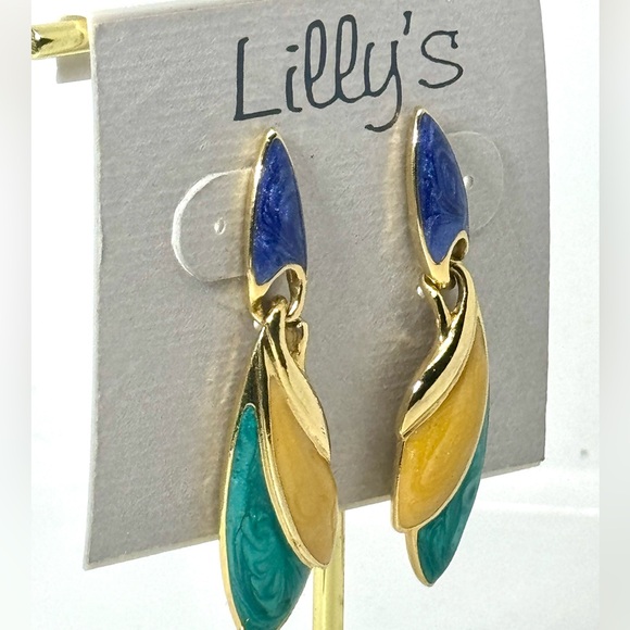 Vintage Lilly’s Blue Green Yellow & Gold Enamel Geometric Dangle Earrings - Picture 3 of 6